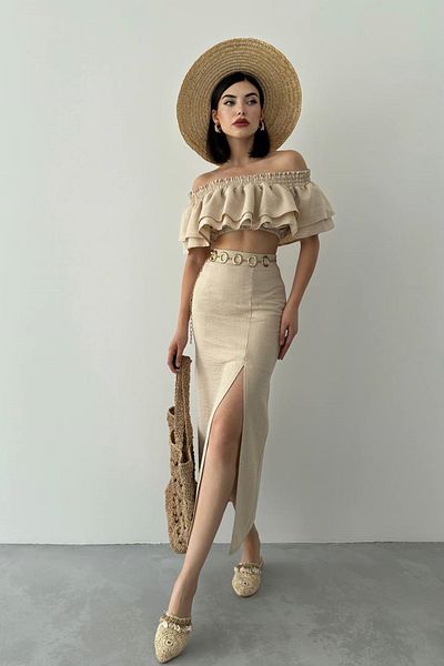 lovebox Women's Linen Fabric Ruffle Design Bolero and Slit Detailed Midi Skirt Beige Double Suit 228