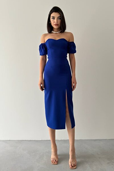 WOMAN VISION فستان نسائي متوسط الطول من قماش أطلس أزرق من Saks مع تصميم برباط...