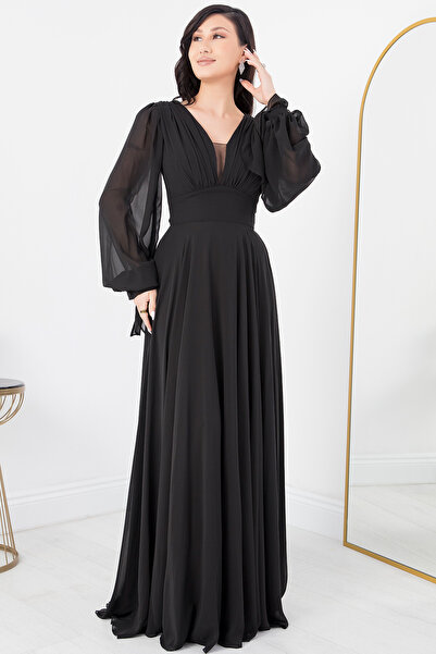 PULLIMM V Yaka Taş Detay Uzun Kol Şifon Elbise DNS1519