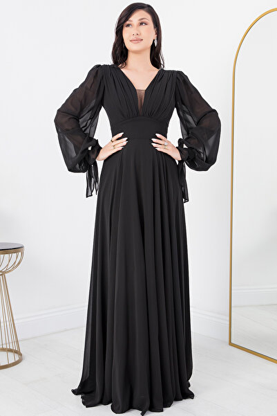 PULLIMM V Yaka Taş Detay Uzun Kol Şifon Elbise DNS1519