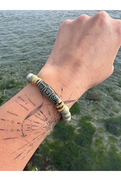 L´Atelier des Perles Bastia Bracelet Doğal Tibet Akik Taşı ve Toprak Boncuklu...