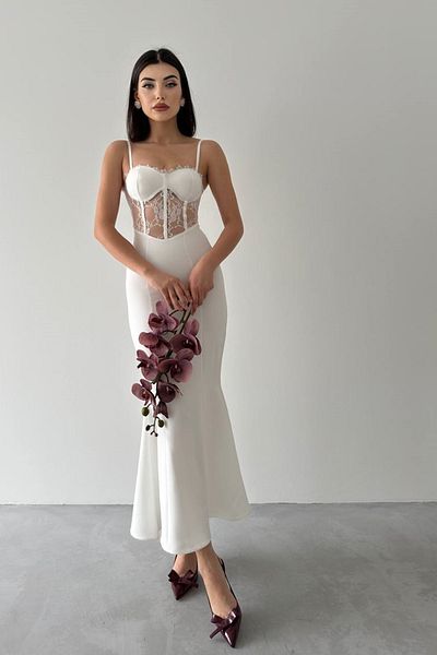 WOMAN VISION Rochie midi de damă, albă, țesătură Atlas, cu detaliu din dantelă, cu bretele reglabile, 229