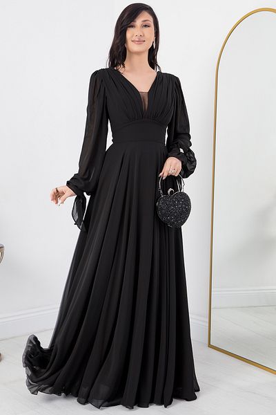 PULLIMM V-neck Jewel Detail Long Sleeve Chiffon Dress DNS1519