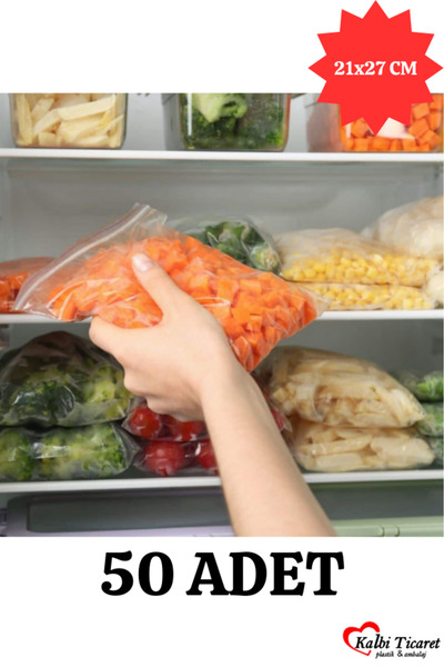 Kalbi Ticaret Kilitli Torba 21x27 Cm 50'li Kilitli Buzdolabı Poşeti Şeffaf Naylon Torba Kilitli Saklama Poşeti