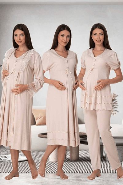 BLACKMORE Ct Moda Beige Lace Maternity Pajamas and Dressing Gown Set - Special Design of 4