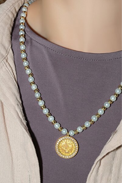 aytekgold Dorica Toplu İncili Tuğralı Kolye