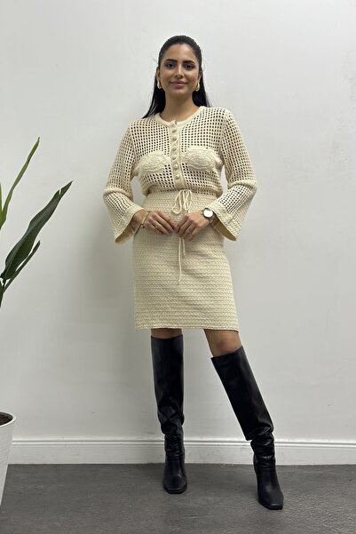 CurcunaShop Kadın Ajurlu Çiçek Desenli Düğmeli Triko Elbise