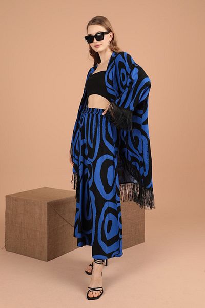 RICHMOST Geometric Pattern Detailed Women's Suit with Long Sleeves and Shawl Collar Viscose Fabric 2 Pieces Saks Summer/Spring