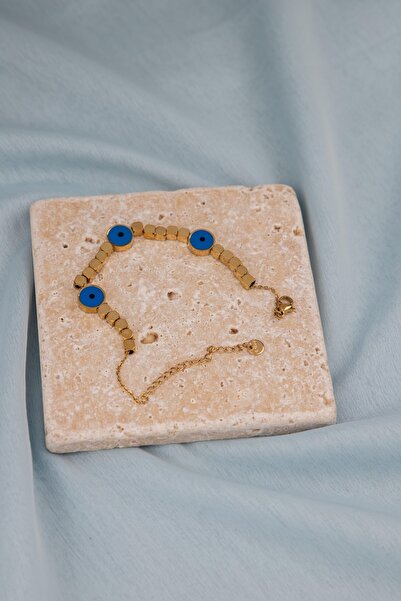 Sacha Accessories Gold Steel Bracelet with Evil Eye Cube Row