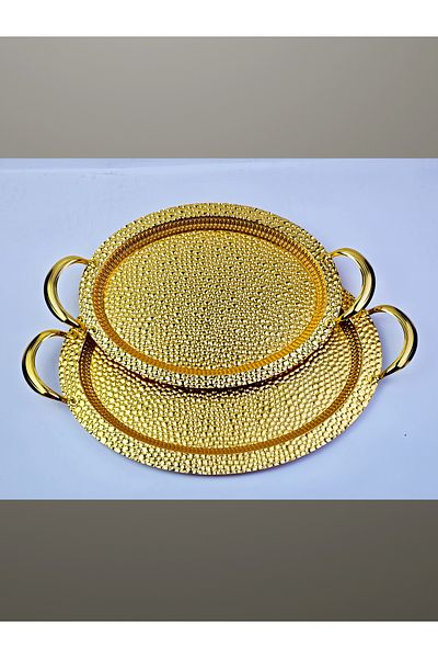 farklı evim Set of 2 Self Patterned Metal Oval Trays, Coffee Tea Tray, Presentation Tray, Gold Color
