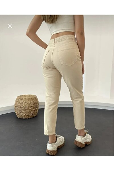 TugsatTasarTekstil Beige Mom Boyfriend Jean Women's Power Lycra Tightener