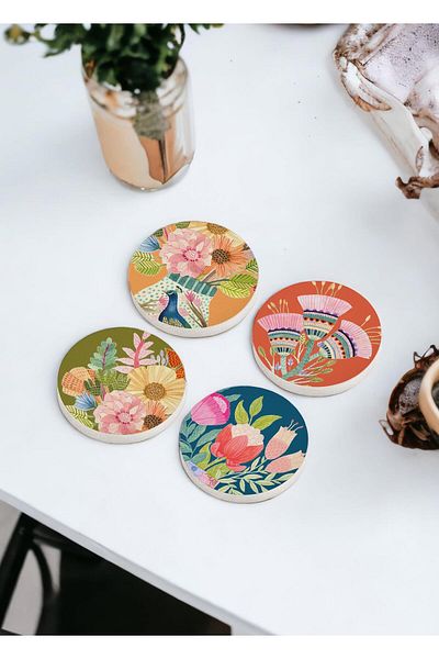 The Mia Flower Stone Coaster Round Set of 4