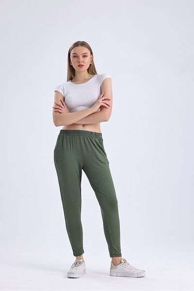 Miss Murem Rubber Waist Trousers-KHAKI GREEN