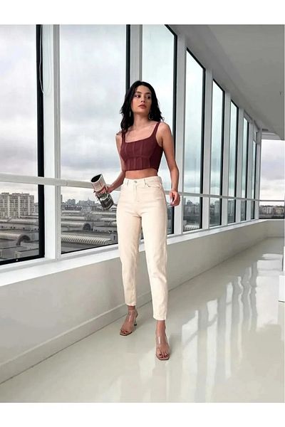 TugsatTasarTekstil Cream Mom Boyfriend Jean Women's Power Lycra Recovery