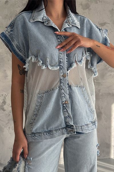 FEMELLE Vestă de blugi din blugi pentru femei, albastră, antracit, cu ciucuri, cu design de buzunar
