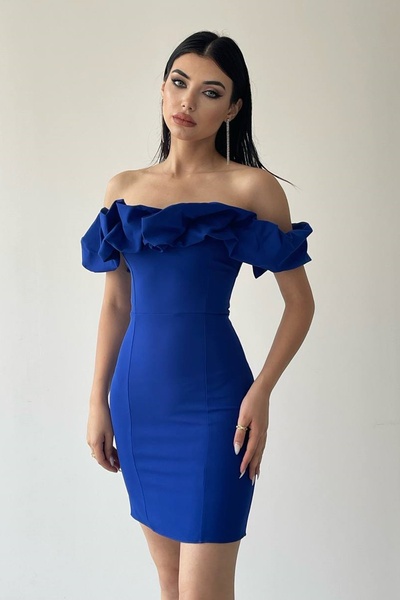 WOMAN VISION Saks Blue RuFFle galléros miniruha - Atlas Fabric 223