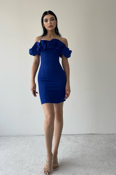 WOMAN VISION Saks Blue RuFFle galléros miniruha - Atlas Fabric 223