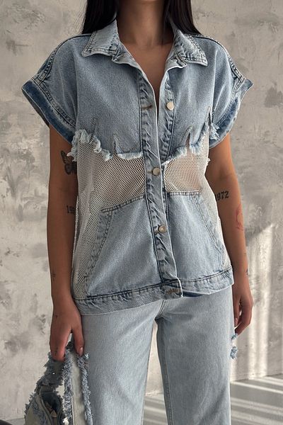 FEMELLE Vestă de blugi din blugi pentru femei, albastră, antracit, cu ciucuri, cu design de buzunar