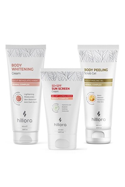 Hillora Vücut Beyazlatıcı Krem + Güneş Kremi 50 Spf + Vücut Peeling Jel Vücut Bakım