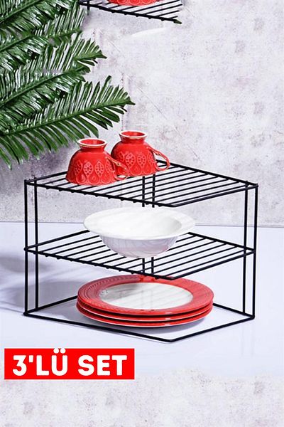 Kitchen Store 3 PCS 3-Tier Plate Holder Black In-Cabinet Plate Kitchen and Countertop Organizer Shelf Kitchen Rack