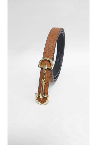 Kemerix Double-Way Women's Thin Belt with Gold Buckle - Tan-Black