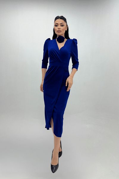 giyimmasalı Crepe Fabric Rose Detailed Jacket Dress - SAKS BLUE