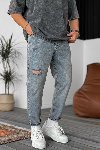MADZEYMODA Boyfriend Ανδρικό σκισμένο λεπτομερές μπλε τζιν παντελόνι