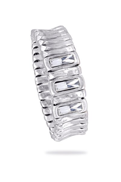 LABALABA Kadın Antik Gümüş Kaplama Çubuk Parçalı Beyaz Renk  Taş Detaylı Lastikli Bohem Bileklik