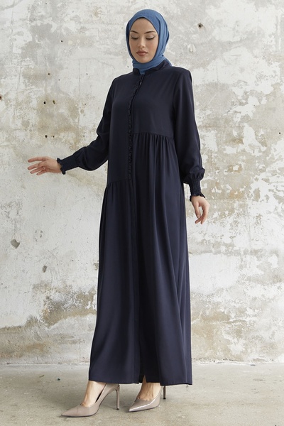 InStyle Asymmetric Cut Ferace with Ruffle Placket - Navy Blue
