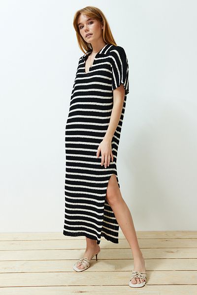 Trendyol Collection Black Maxi Knitwear Striped Polo Collar Dress Twoss24El00824