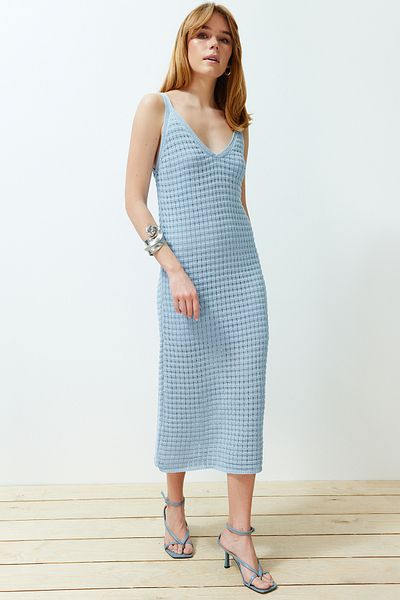 Trendyol Collection Tricotaj maxi ecru Rochie din bumbac tricotată cu căptușeală TWOSS24EL00357