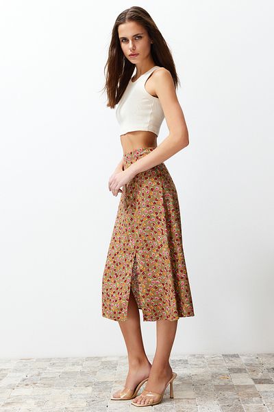 Trendyol Collection Camel Slit részletes viszkóz szövet virágmintás Midi szőtt szoknya TWOSS20ET0230