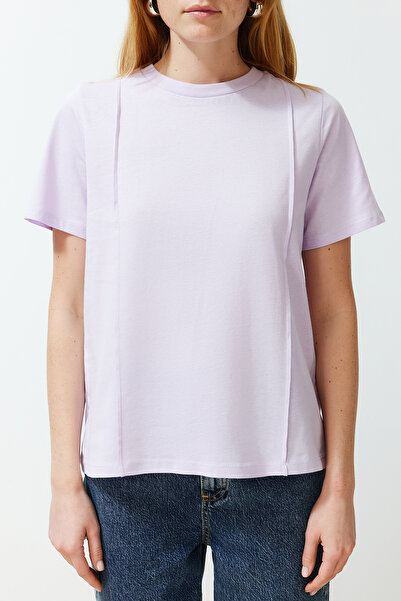 Trendyol Collection Λιλά χοντρό βαμβακερό μπλουζάκι με ραβδώσεις και κανονικό πλεκτό μπλουζάκι TWOSS24TS00050