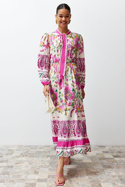 Trendyol Modest Fuchsia Floral Border Patterned Woven Dress TCTSS24EB00112