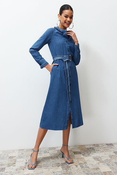 Trendyol Collection Blue Ruffle Collar Denim Maxi Dress TWOSS24EL00777