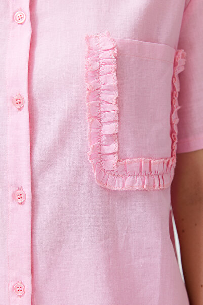 Trendyol Collection Pink Ruffled Pocket 100% Cotton Shorts Pajama Set - Thmss24Pt00150