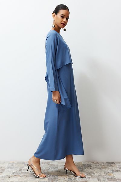 Trendyol Modest Modré rovné tkané šaty Aller TCTSS24EB00146