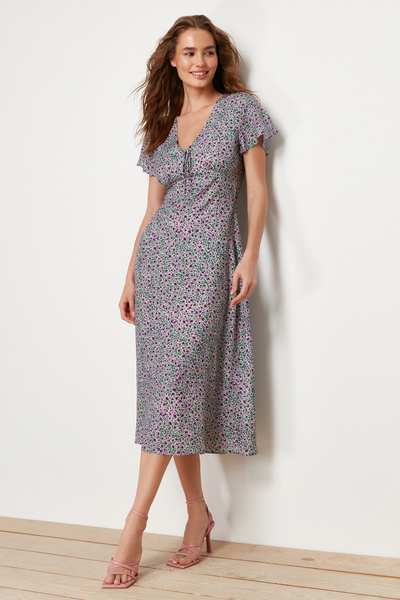 Trendyol Collection Πράσινο φλοράλ μοτίβο σε γραμμή Α με λαιμόκοψη 100% βισκόζη μίντι υφασμένο φόρεμα TWOSS24EL00618