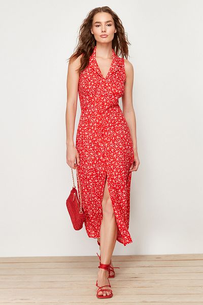 Trendyol Collection Red Floral Viscose Midi Woven Dress TWOSS24EL00515