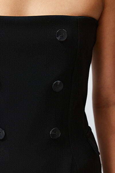 Trendyol Collection Stretchy Πλεκτό Μαύρο Μίντι Φόρεμα - Μασίφ Κουμπί, Στράπλες, Περιτύλιγμα - Twoss24el00426