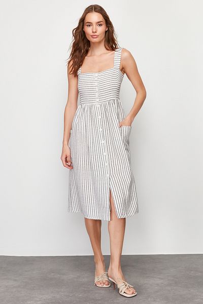 Trendyol Collection Ecru Buttoned Striped Linen Look Midi Woven Dress TWOSS24EL00068