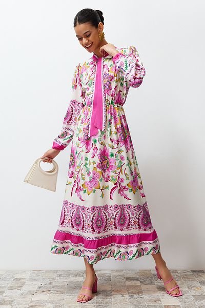 Trendyol Modest Fuchsia Floral Border Patterned Woven Dress TCTSS24EB00112