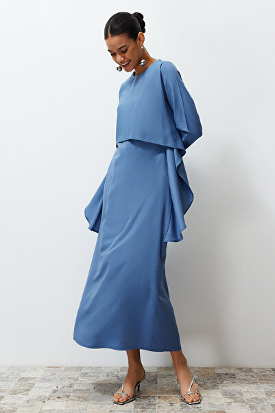 Trendyol Modest Μπλε ίσιο Aller Λεπτομερές Υφαντό Φόρεμα TCTSS24EB00146