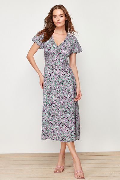 Trendyol Collection Πράσινο φλοράλ μοτίβο σε γραμμή Α με λαιμόκοψη 100% βισκόζη μίντι υφασμένο φόρεμα TWOSS24EL00618