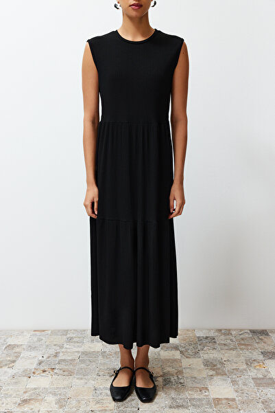 Trendyol Modest Plisovaná sukně černé pletené šaty bez rukávů - TCTSS24EB00156