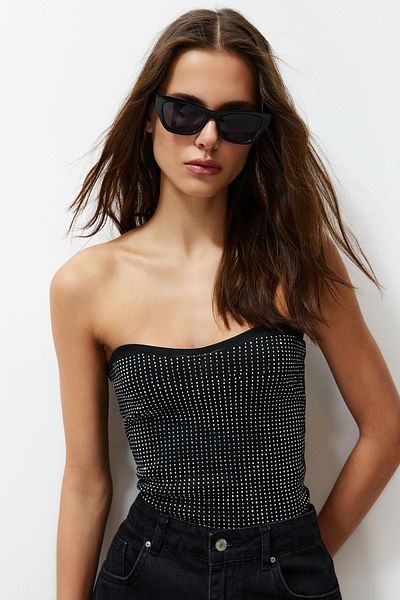 Trendyol Collection Black Strapless Stone Embroidered Blouse Twoss24Bz00509