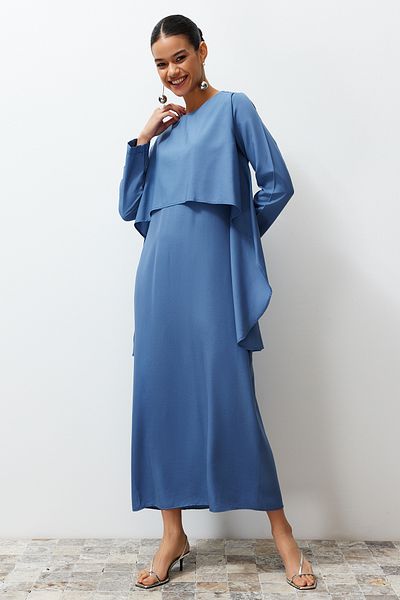 Trendyol Modest Modré rovné tkané šaty Aller TCTSS24EB00146