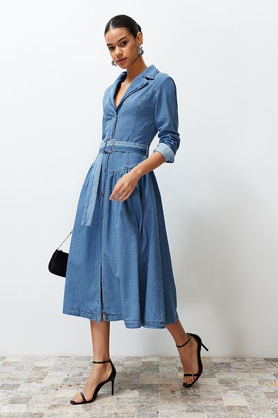 Trendyol Collection Light Blue Maxi Denim Dress with Belt and Jacket Neckline Twoss24El00776