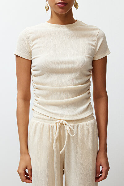 Trendyol Collection Stone High Collar Short Sleeve Gather Detailní Flexibilní pletená halenka TWOSS24BZ00135