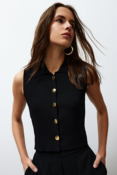 Trendyol Collection Black Premium Thread / Special Thread Crop Vest Look Knitwear Sweater Twoss24Sv00005